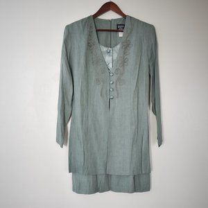 Vintage green professional layered dress with buttons and embroidery size 7/8